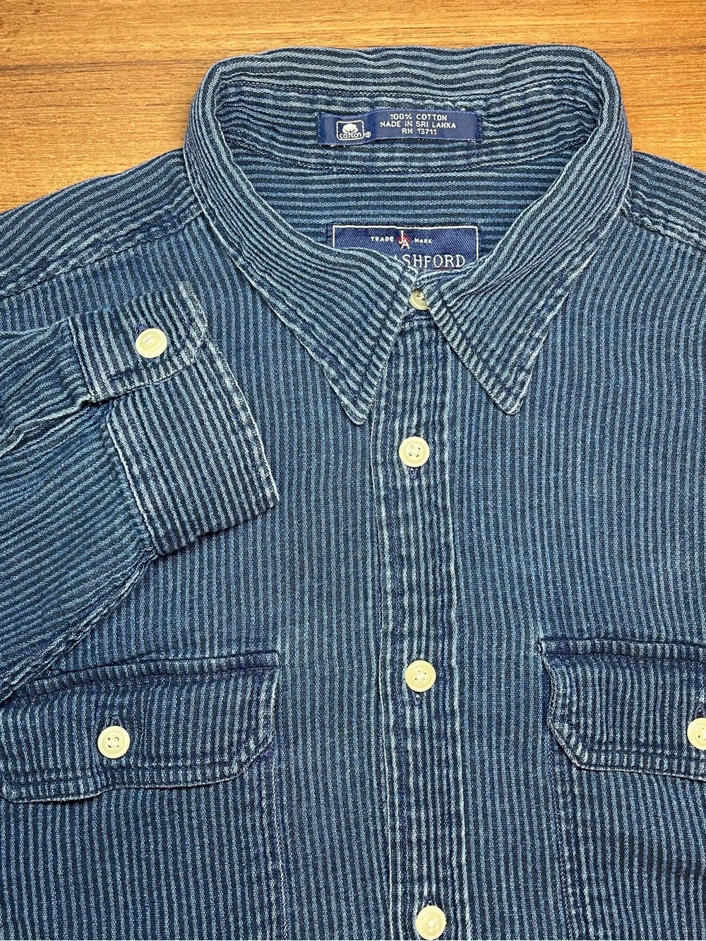 Vintage John Ashford Blue Striped Cotton Shirt Mens L Denim Corduroy Look